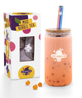 Bubble Tea Becher to go aus Borosilikatglas mit Bambusdeckel und Regenbogen-Edelstahlstrohhalm