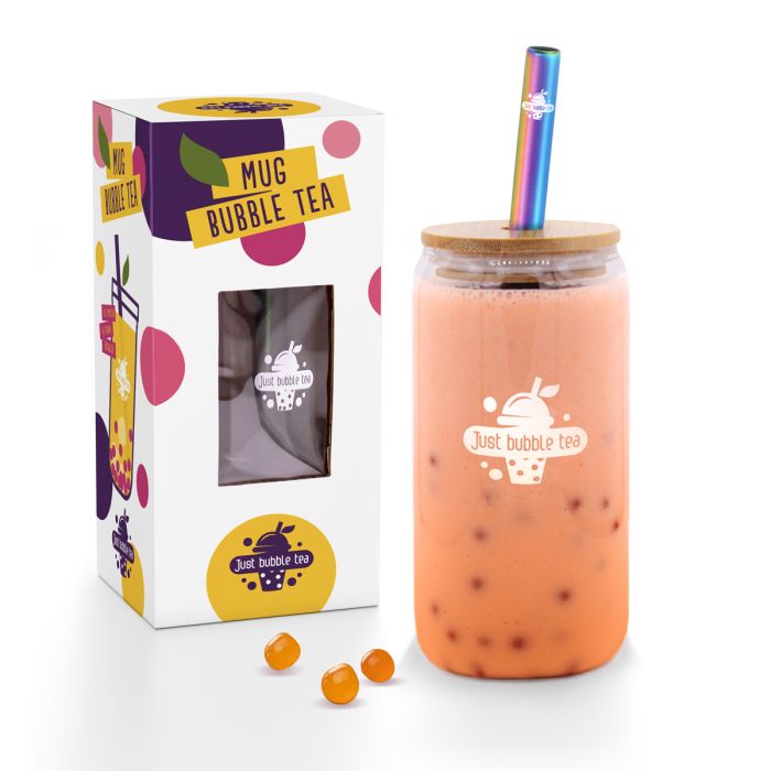 Bubble Tea Becher to go aus Borosilikatglas mit Bambusdeckel und Regenbogen-Edelstahlstrohhalm