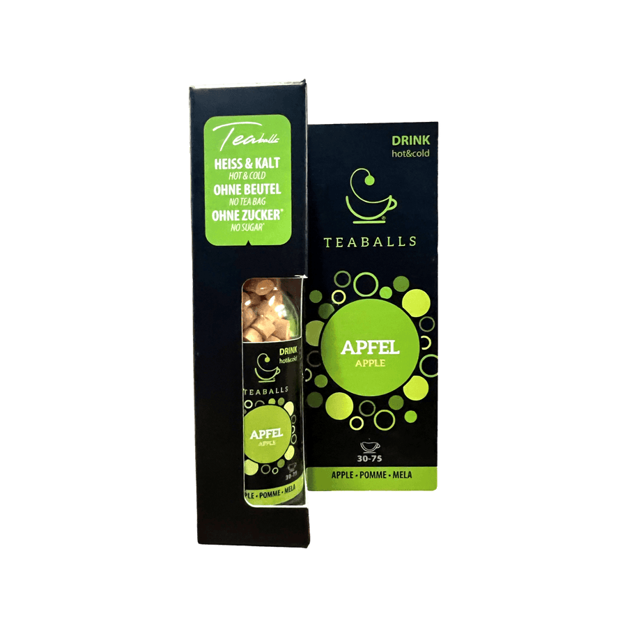 TEABALLS Apfel Glasflasche Rückseite – 150 Tee-Presslinge, Inhalt & Nährwerte