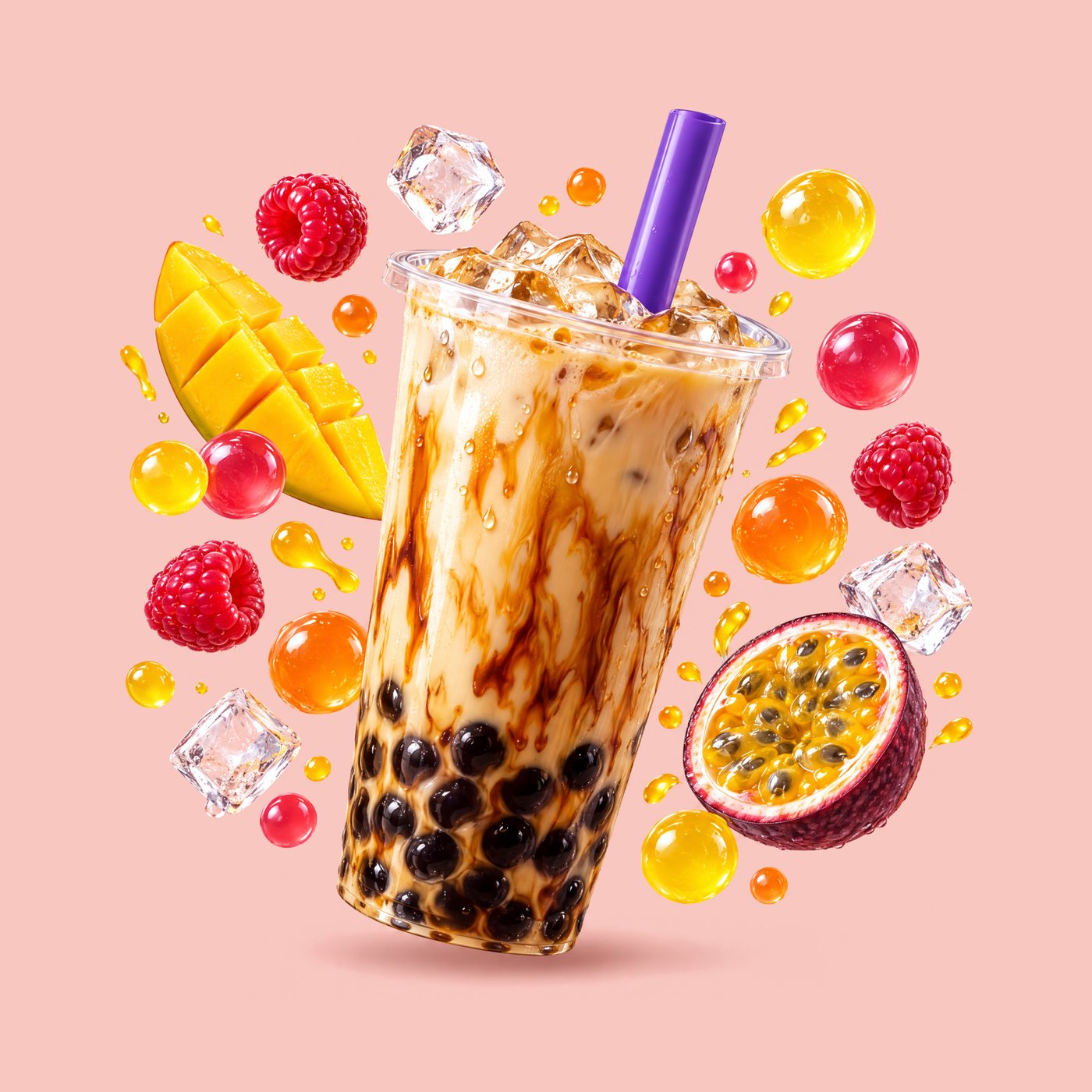 Eisgekühlter Brown Sugar Bubble Tea mit Tapiokaperlen, umgeben von Popping Boba, Mango, Himbeeren und Passionsfrucht