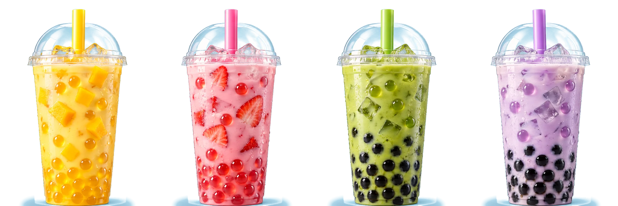 Vier Bubble Tea Becher: Mango, Erdbeere, Matcha und Taro