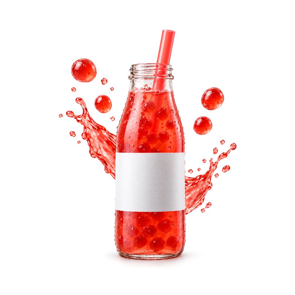 Glasflasche mit rotem Drink, Perlen und Spritzern